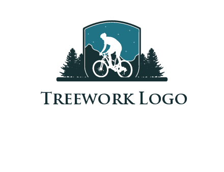 mountain biking in shield with trees emblem logo