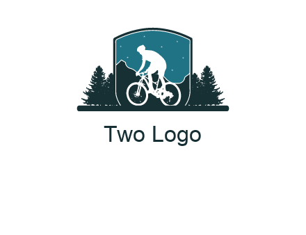 mountain biking in shield with trees emblem logo