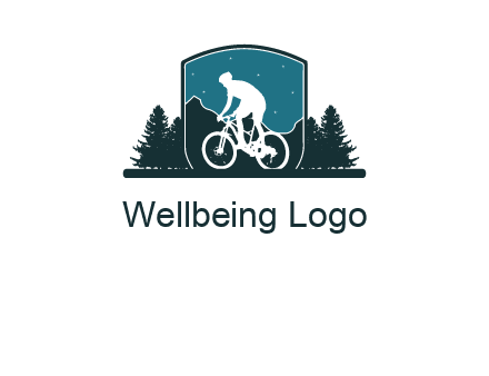 mountain biking in shield with trees emblem logo