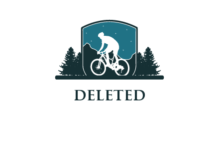 mountain biking in shield with trees emblem logo