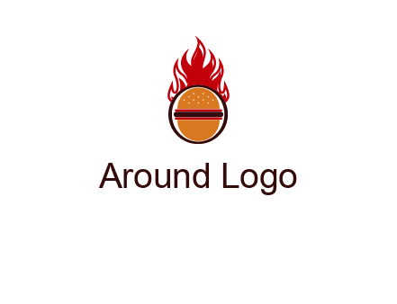burger in front of flame logo