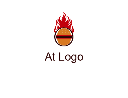 burger in front of flame logo