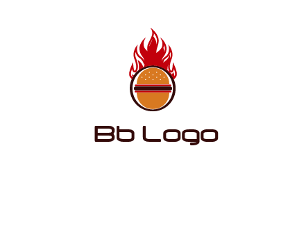 burger in front of flame logo