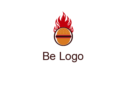 burger in front of flame logo
