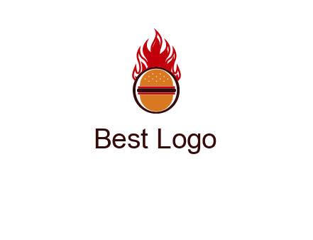 burger in front of flame logo