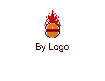 burger in front of flame logo