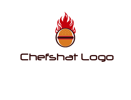 burger in front of flame logo