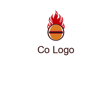 burger in front of flame logo
