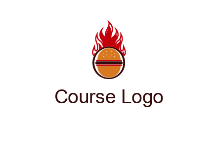 burger in front of flame logo