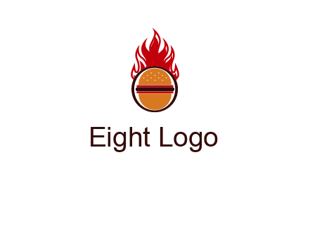burger in front of flame logo