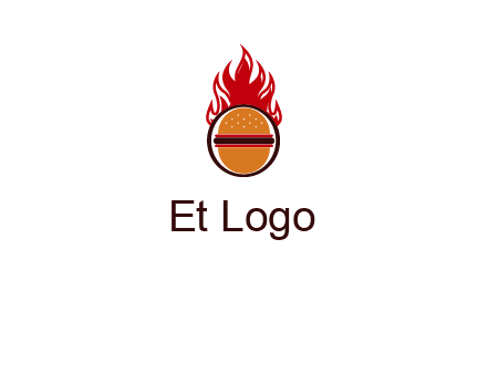 burger in front of flame logo