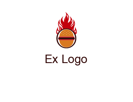 burger in front of flame logo