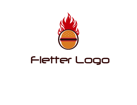 burger in front of flame logo