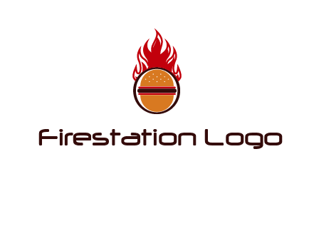 burger in front of flame logo