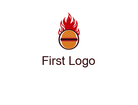 burger in front of flame logo