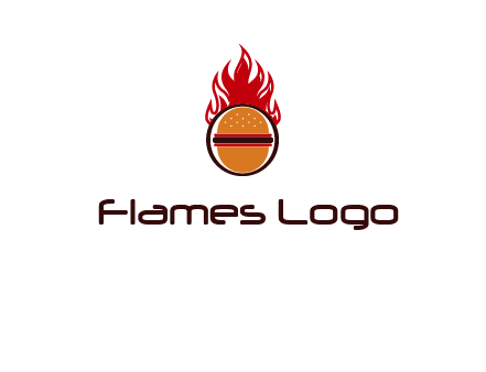burger in front of flame logo