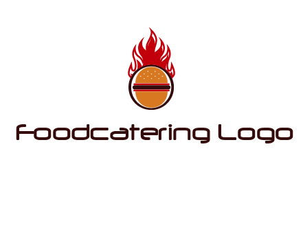 burger in front of flame logo