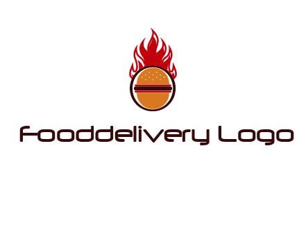 burger in front of flame logo