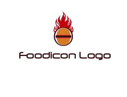 burger in front of flame logo