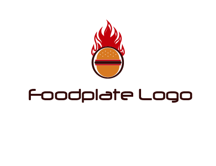 burger in front of flame logo