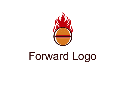 burger in front of flame logo