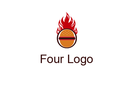 burger in front of flame logo
