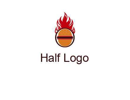 burger in front of flame logo