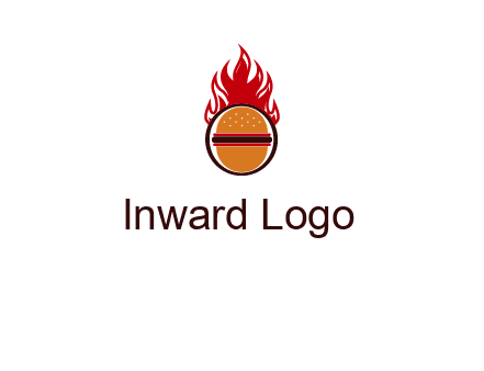 burger in front of flame logo