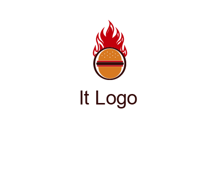 burger in front of flame logo