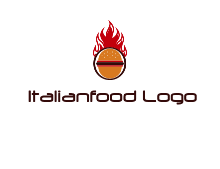 burger in front of flame logo