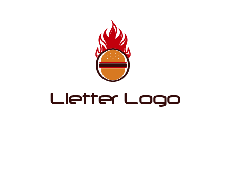 burger in front of flame logo