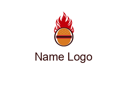 burger in front of flame logo