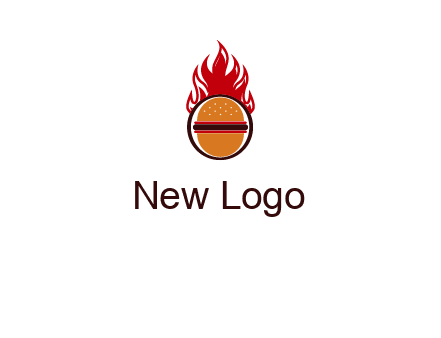 burger in front of flame logo