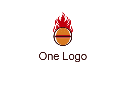 burger in front of flame logo