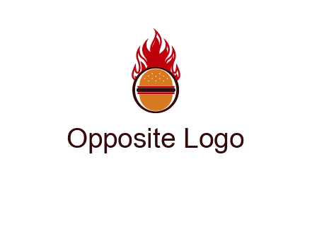 burger in front of flame logo