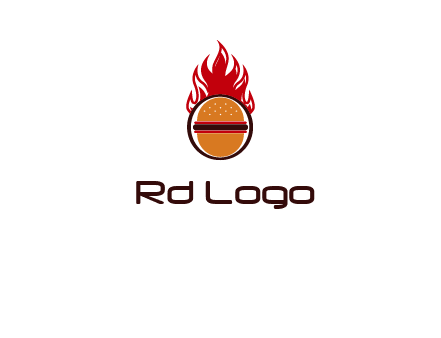 burger in front of flame logo