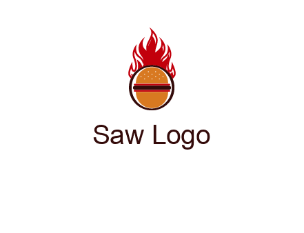 burger in front of flame logo
