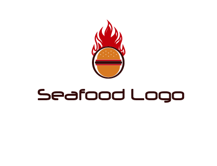 burger in front of flame logo
