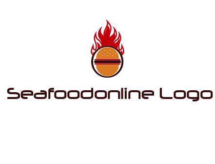 burger in front of flame logo