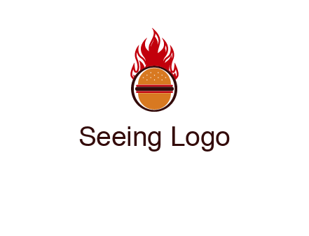 burger in front of flame logo