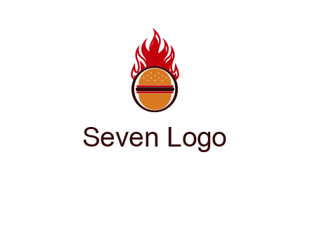 burger in front of flame logo