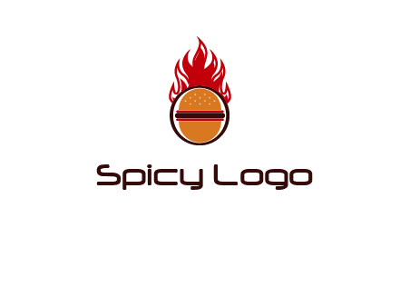 burger in front of flame logo