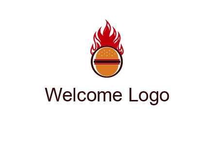 burger in front of flame logo