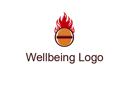 burger in front of flame logo