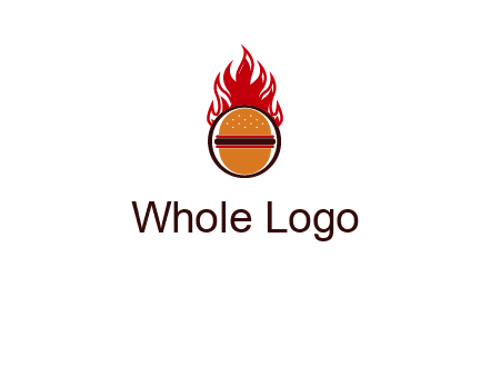 burger in front of flame logo