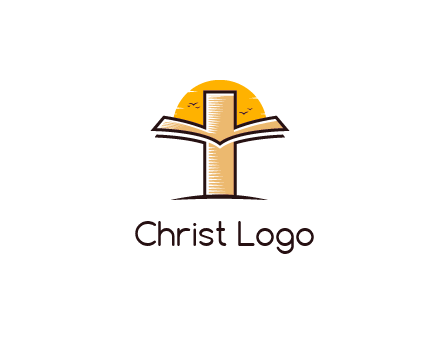 cross and book in front of sun with birds logo