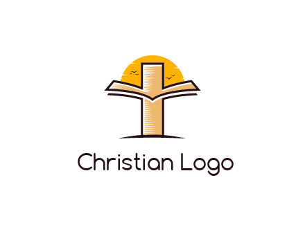 cross and book in front of sun with birds logo