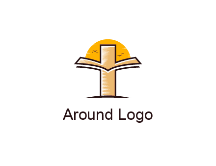 cross and book in front of sun with birds logo