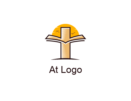 cross and book in front of sun with birds logo