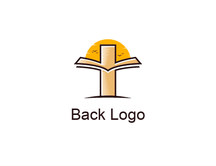 cross and book in front of sun with birds logo